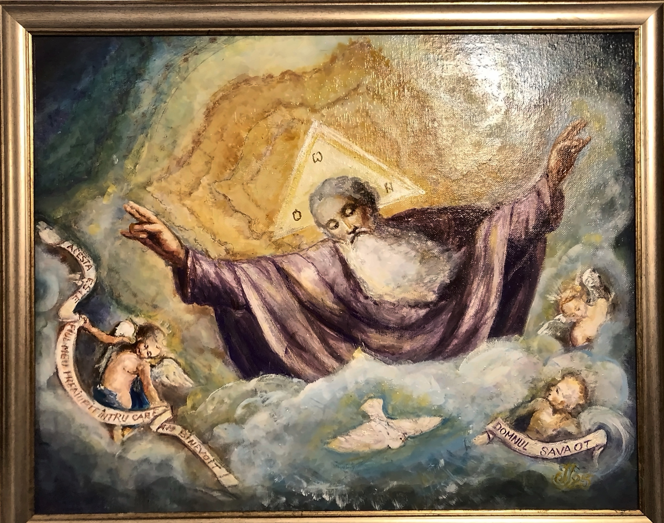 Pictura religioasa Noni Serghi cu personaje angelice, nori si lumina sacra.