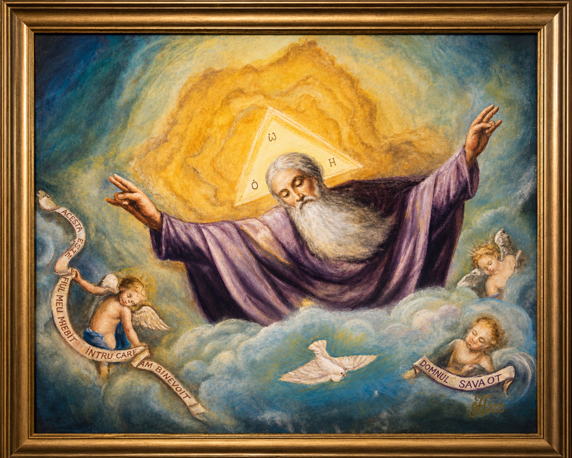 Pictura religioasa Noni Serghi cu personaje angelice, nori si lumina sacra.