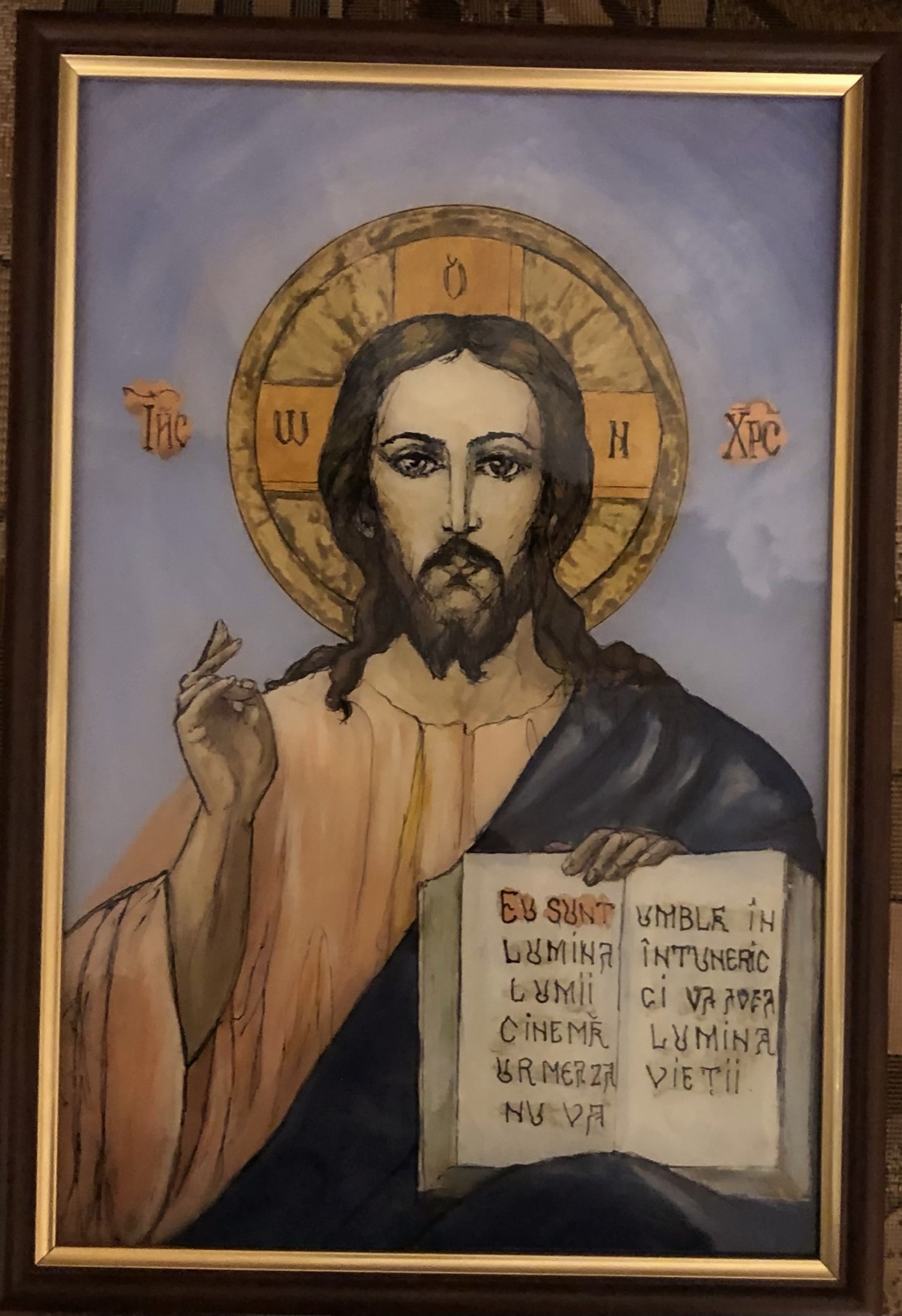 Pictura Noni Serghi cu Hristos Pantocrator reinterpretat, aureola si gest de binecuvantare.