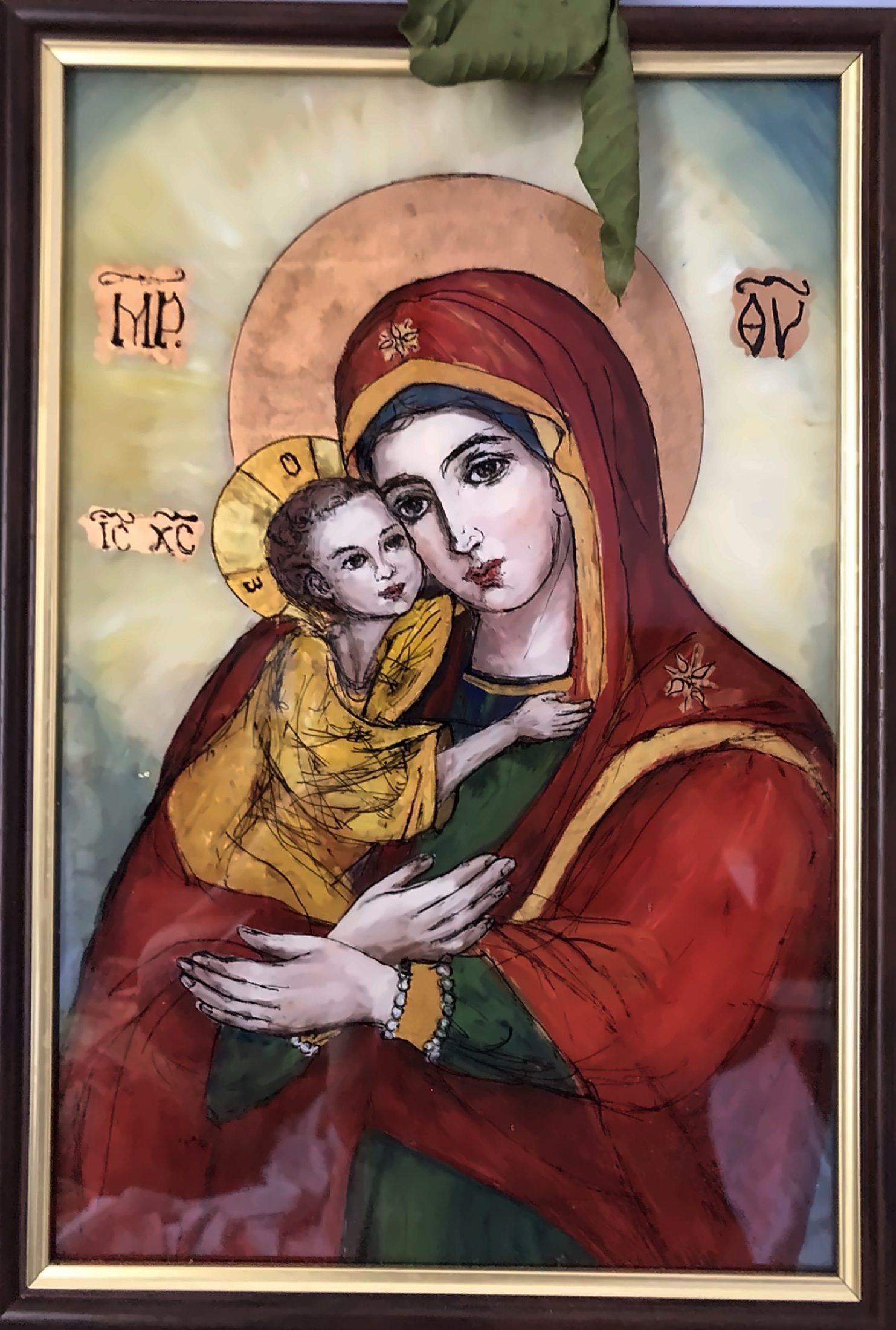 Pictura Noni Serghi cu Maica Domnului si Pruncul in compozitie frontala.