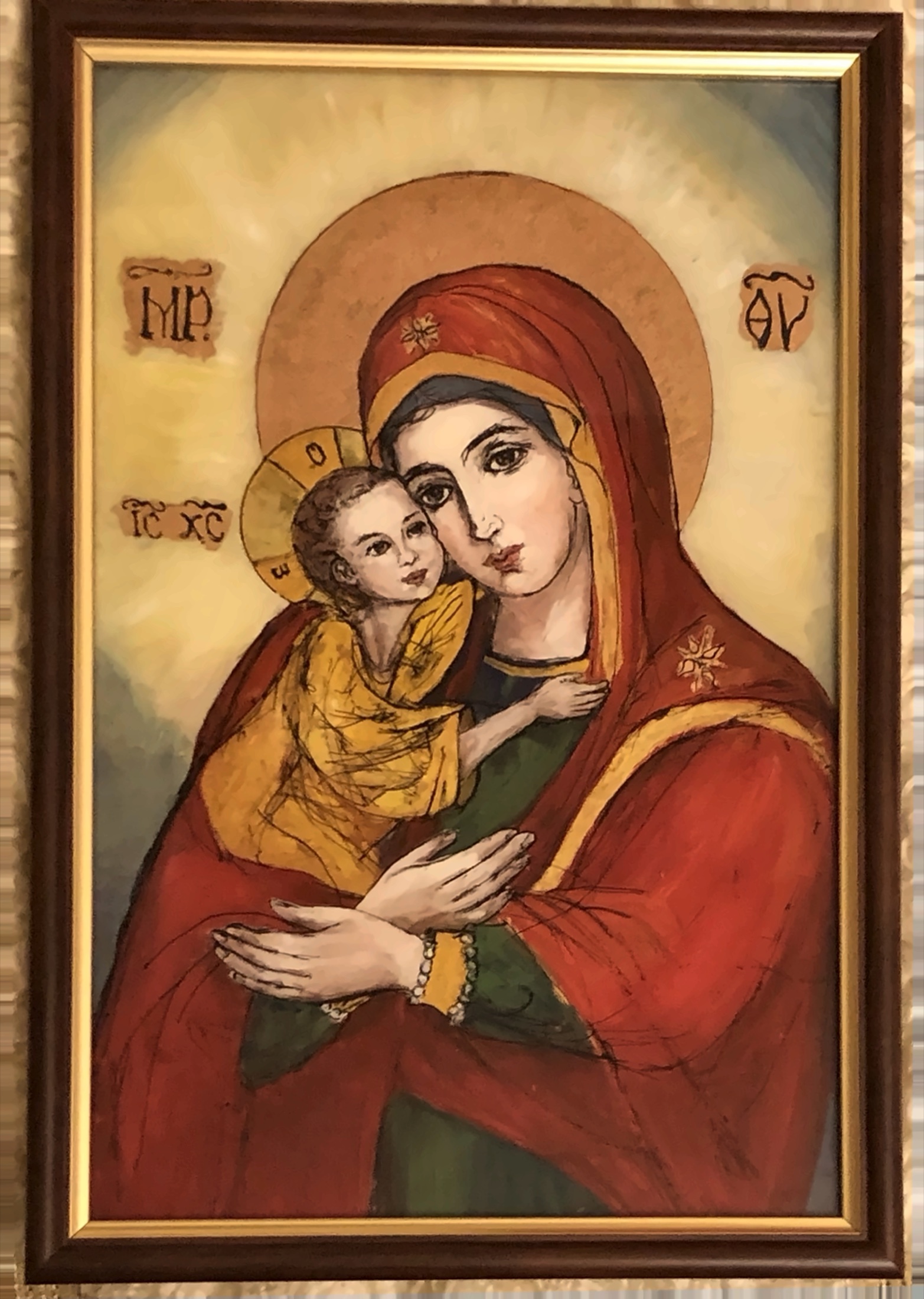 Pictura Noni Serghi cu Maica Domnului si Pruncul, in rosu si auriu.