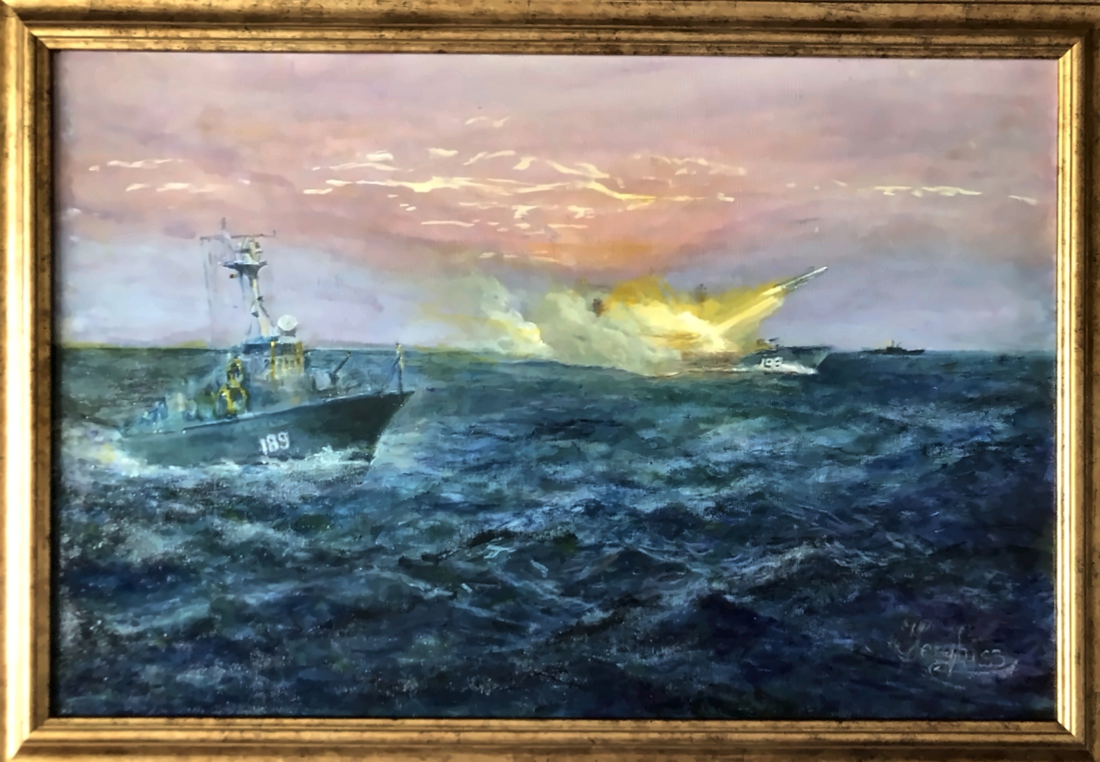 Pictura Noni Serghi cu scena navala, nave si mare agitata.