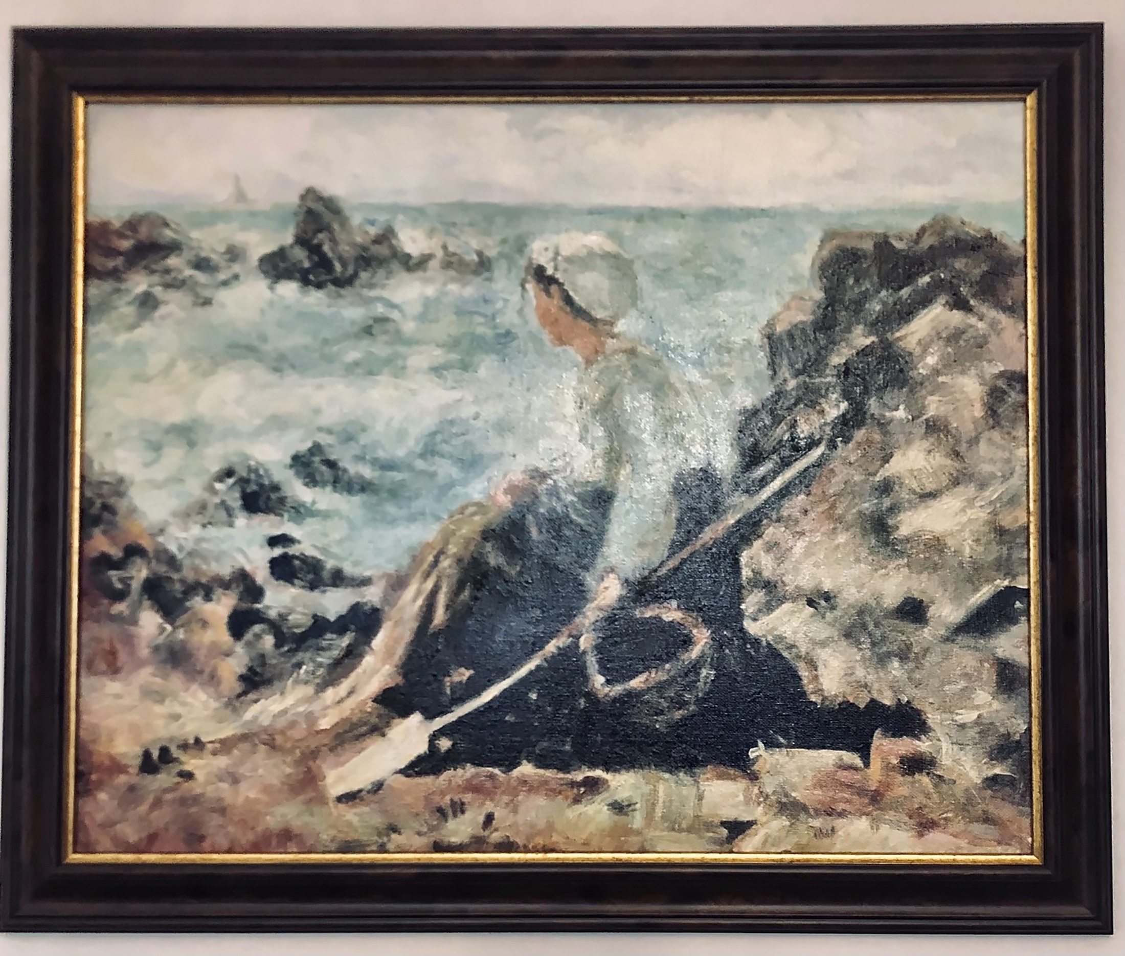 Pictura Noni Serghi cu tarm stancos, mare si atmosfera contemplativa.